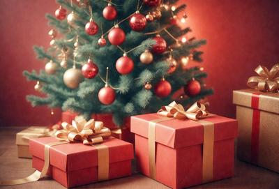 The primary subject of the image is a red bowed gift box, which is placed in front of a Christmas tree. The setting is a festive environment, likely during the holiday season. The visual style of the image is a combination of photo and digital art, creating a realistic yet decorative appearance. The colors and mood of the image are predominantly red and warm, reflecting the joy and celebration associated with the Christmas season.